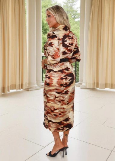 AX Paris Brown Smudge Print Belted Wrap Shirt Midi Dress