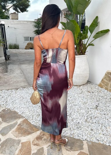 AX Paris Purple Smudge Print Ruched Side Strappy Midi Dress