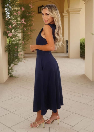 AX Paris Navy Round Neck A-line Skirt Midi Dress