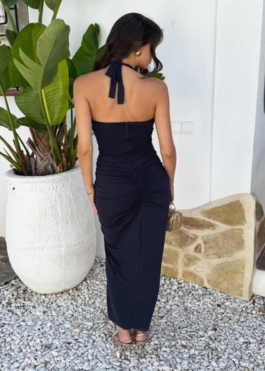 AX Paris Navy Tie Halter Neck Ruched Side Midi Dress