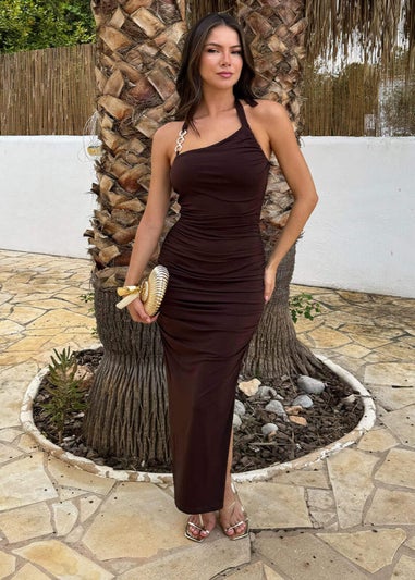 AX Paris Chocolate Asymmetric Tie Halter Neck Ring Detail Midi Dress