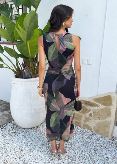 AX Paris Multi Leaf Print Cut Out Knot Detail Mesh Midi Dress