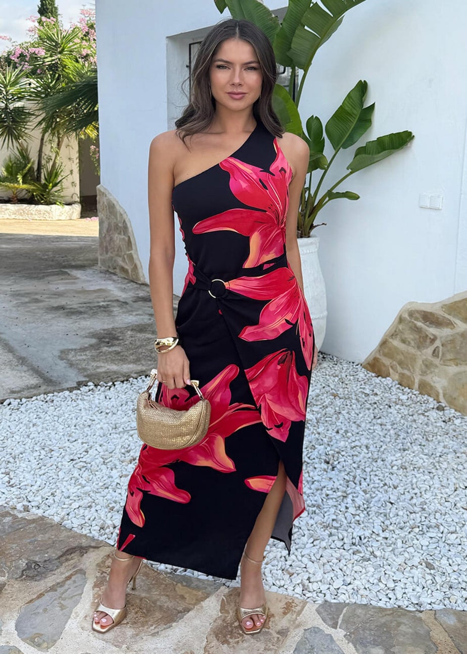AX Paris Black & Coral Red Floral Print One Shoulder O-Ring Midi Dress