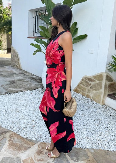 AX Paris Black & Coral Red Floral Print One Shoulder O-Ring Midi Dress
