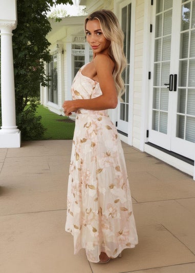 AX Paris Blush Floral Embroidered Chiffon One Shoulder Midi Dress