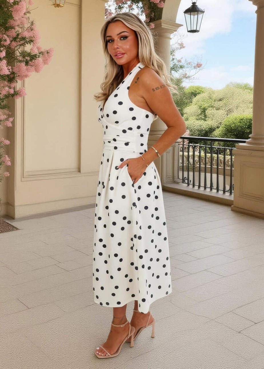AX Paris Cream & Black Polka Dot Tie Halter Neck Midi Dress