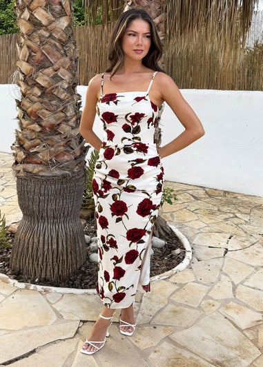 AX Paris Cream Rose Printed Ruched Side Strappy Midi Dress