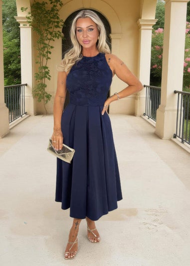 AX Paris Navy Embroidered Top Overlay A-Line Skirt Midi Dress