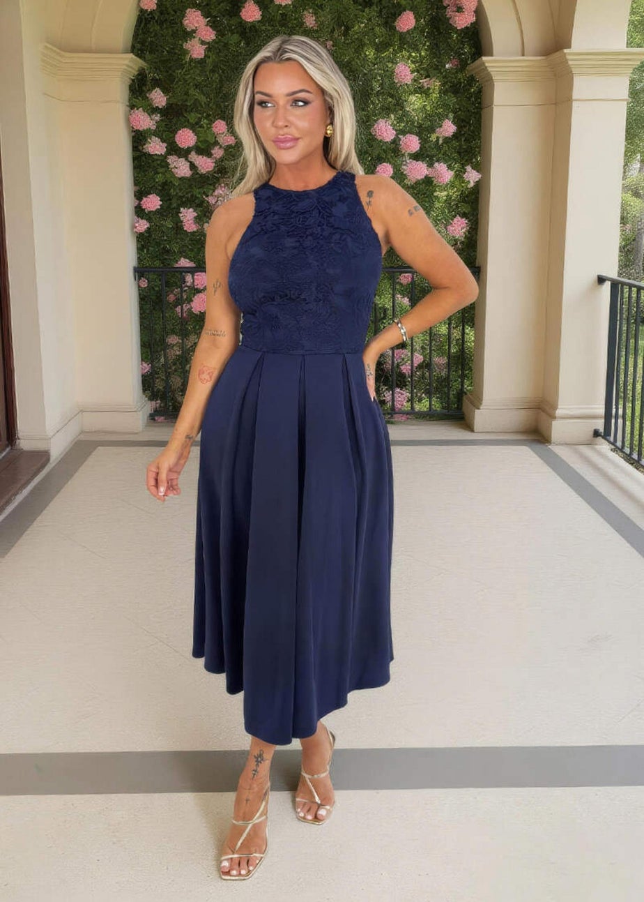 AX Paris Navy Embroidered Top Overlay A-Line Skirt Midi Dress