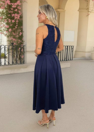 AX Paris Navy Embroidered Top Overlay A-Line Skirt Midi Dress