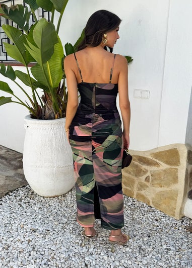 AX Paris Multi Leaf Print Strappy Knot Detail Mesh Midi Dress