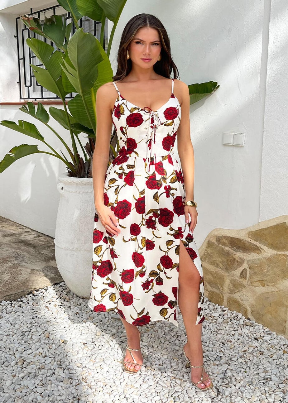 AX Paris Cream Rose Printed Lace-Up Front Strappy Midi Dress