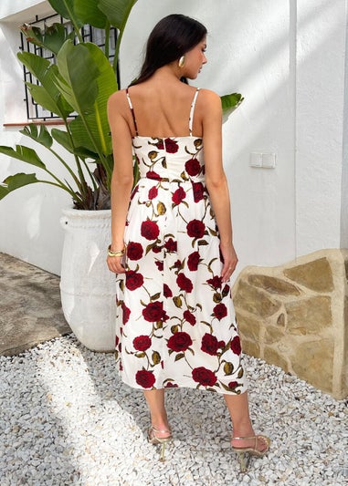 AX Paris Cream Rose Printed Lace-Up Front Strappy Midi Dress