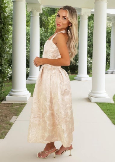 AX Paris Blush Floral Jacquard Tie Neck A-Line Midi Dress
