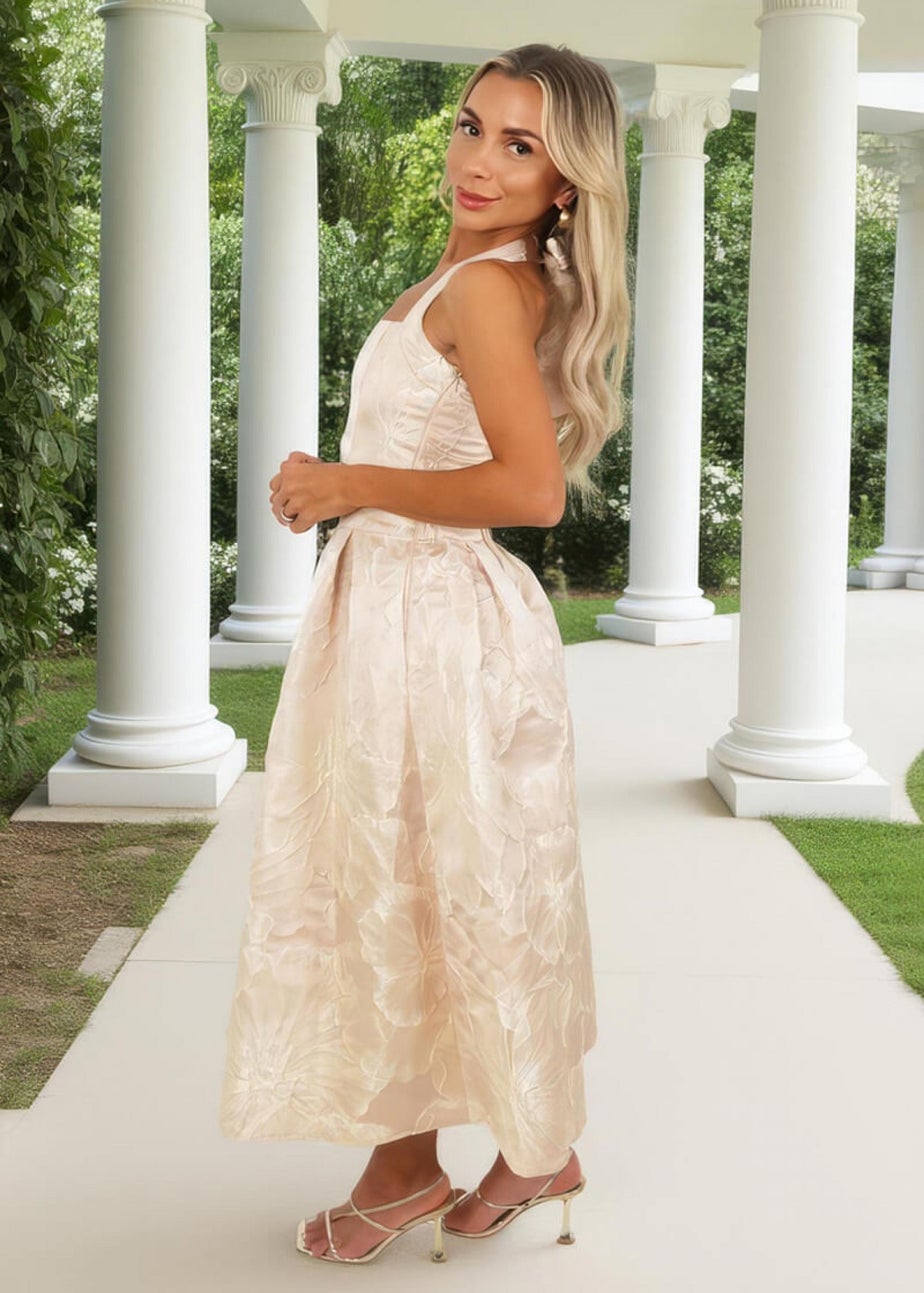 AX Paris Blush Floral Jacquard Tie Neck A-Line Midi Dress