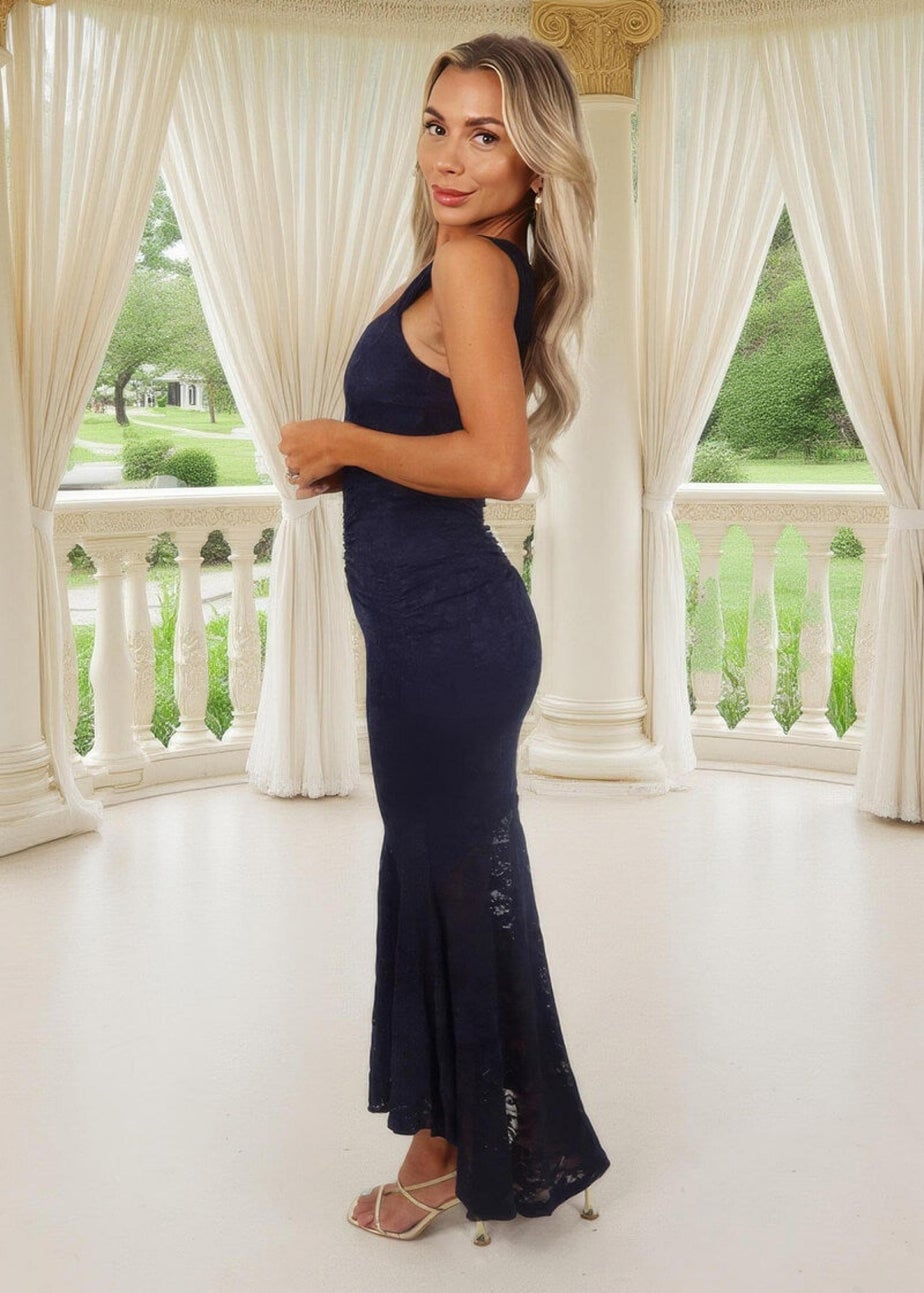 AX Paris Navy Lace Ruched Detail Fishtail Midi Dress