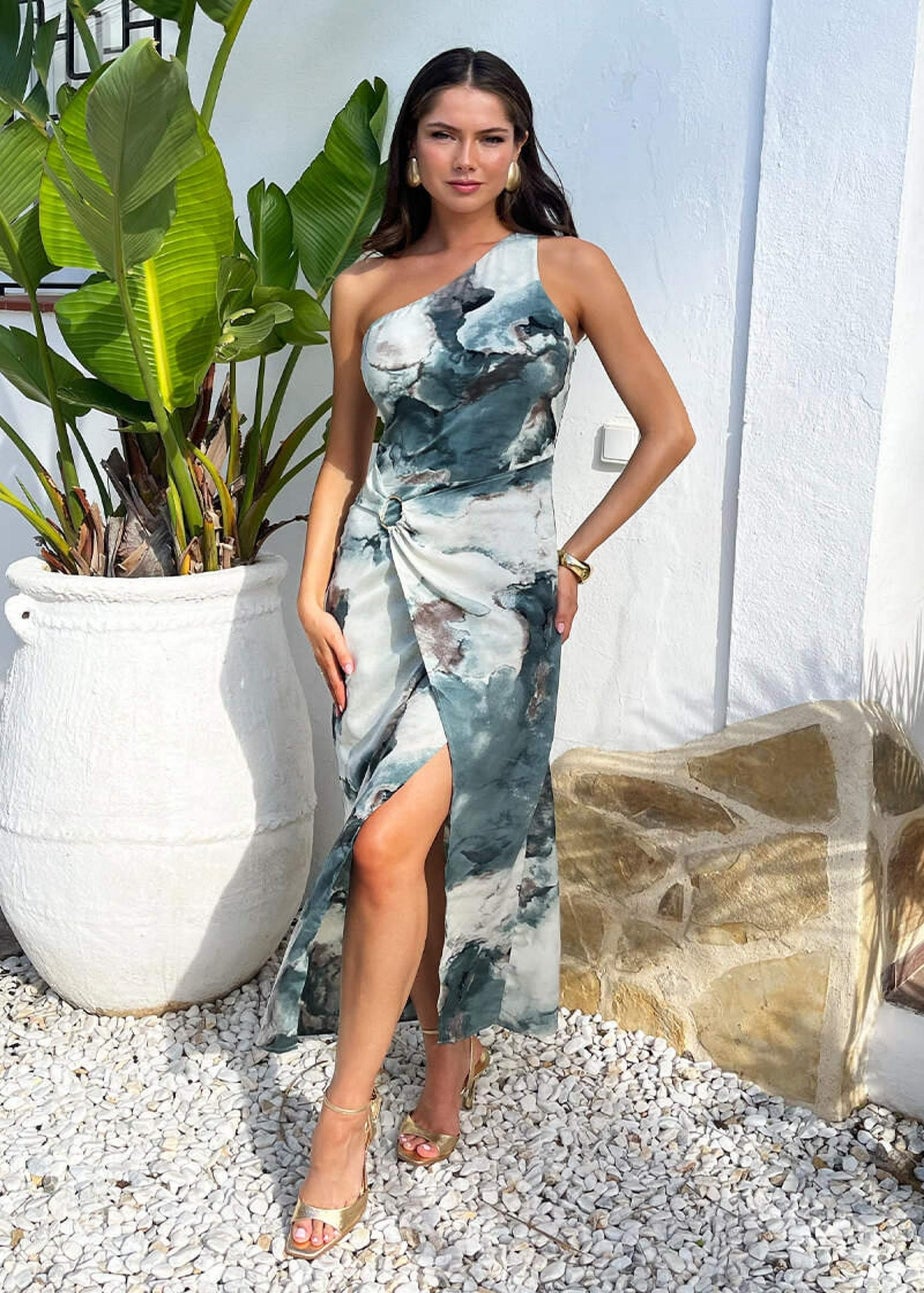 AX Paris Duck Egg Marble Print One Shoulder O-Ring Midi Dress