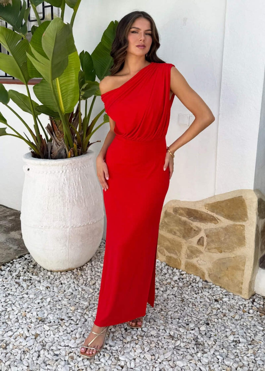 AX Paris Red Off The Shoulder Double Split Midi Dress