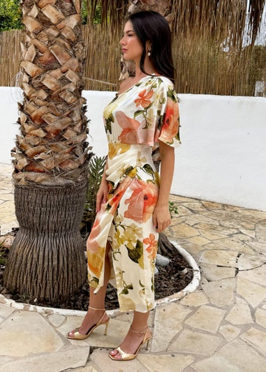 AX Paris Cream Floral Print One Sleeve Wrap Skirt Midi Dress