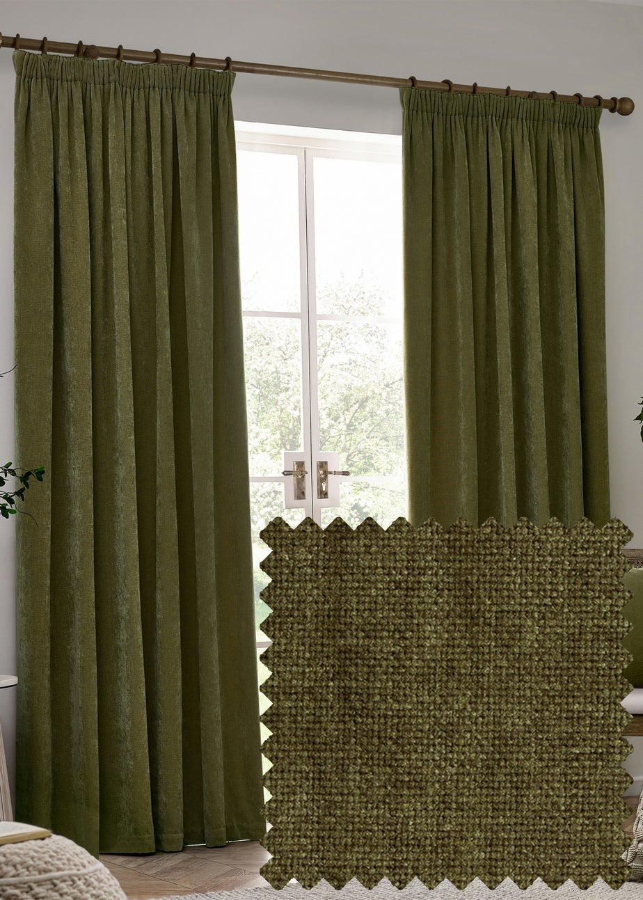 Yard Heavy Chenille Blackout Olive Pencil Pleat Curtain Pair