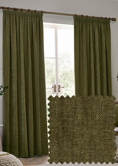 Yard Heavy Chenille Blackout Olive Pencil Pleat Curtain Pair
