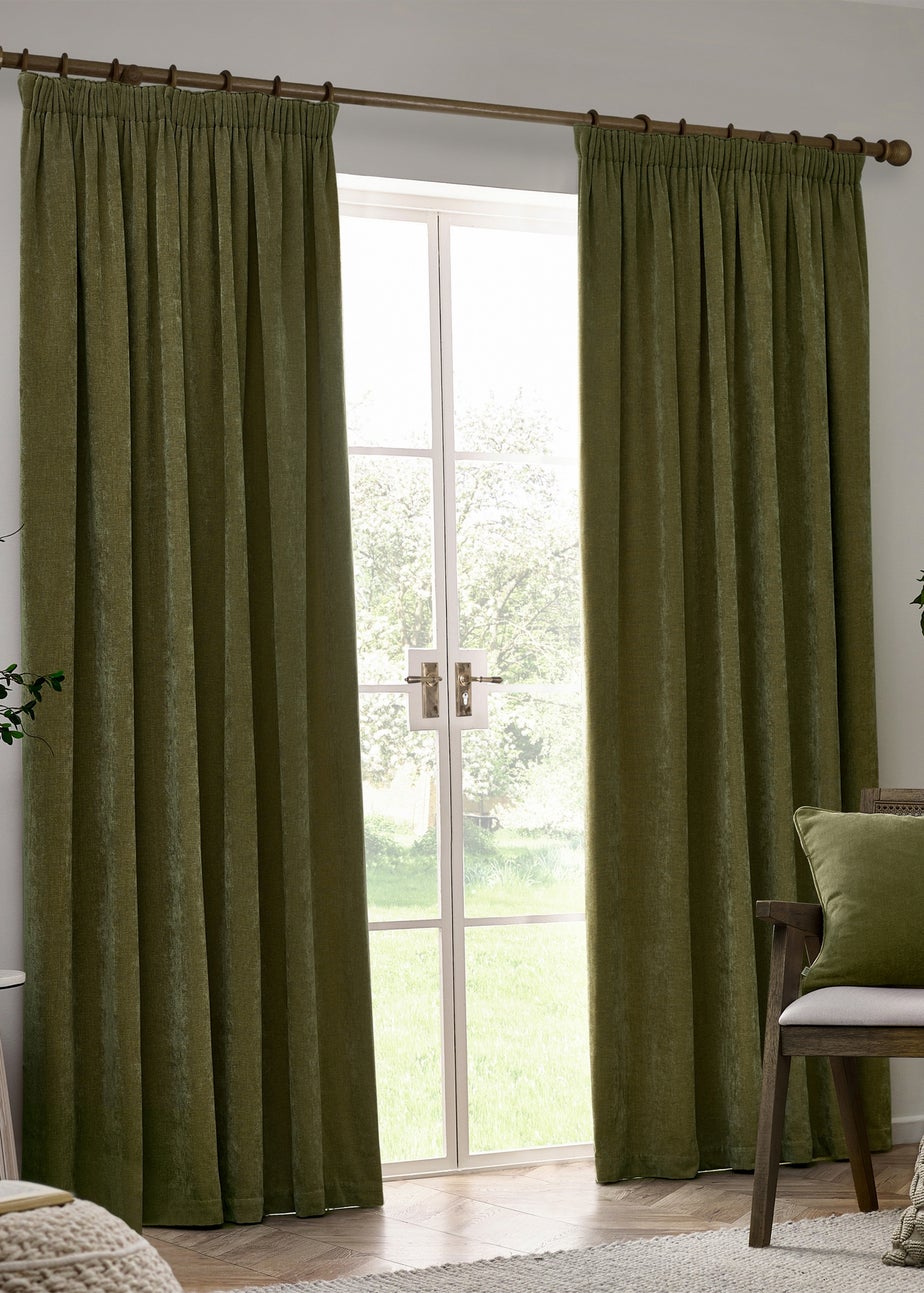 Yard Heavy Chenille Blackout Olive Pencil Pleat Curtain Pair
