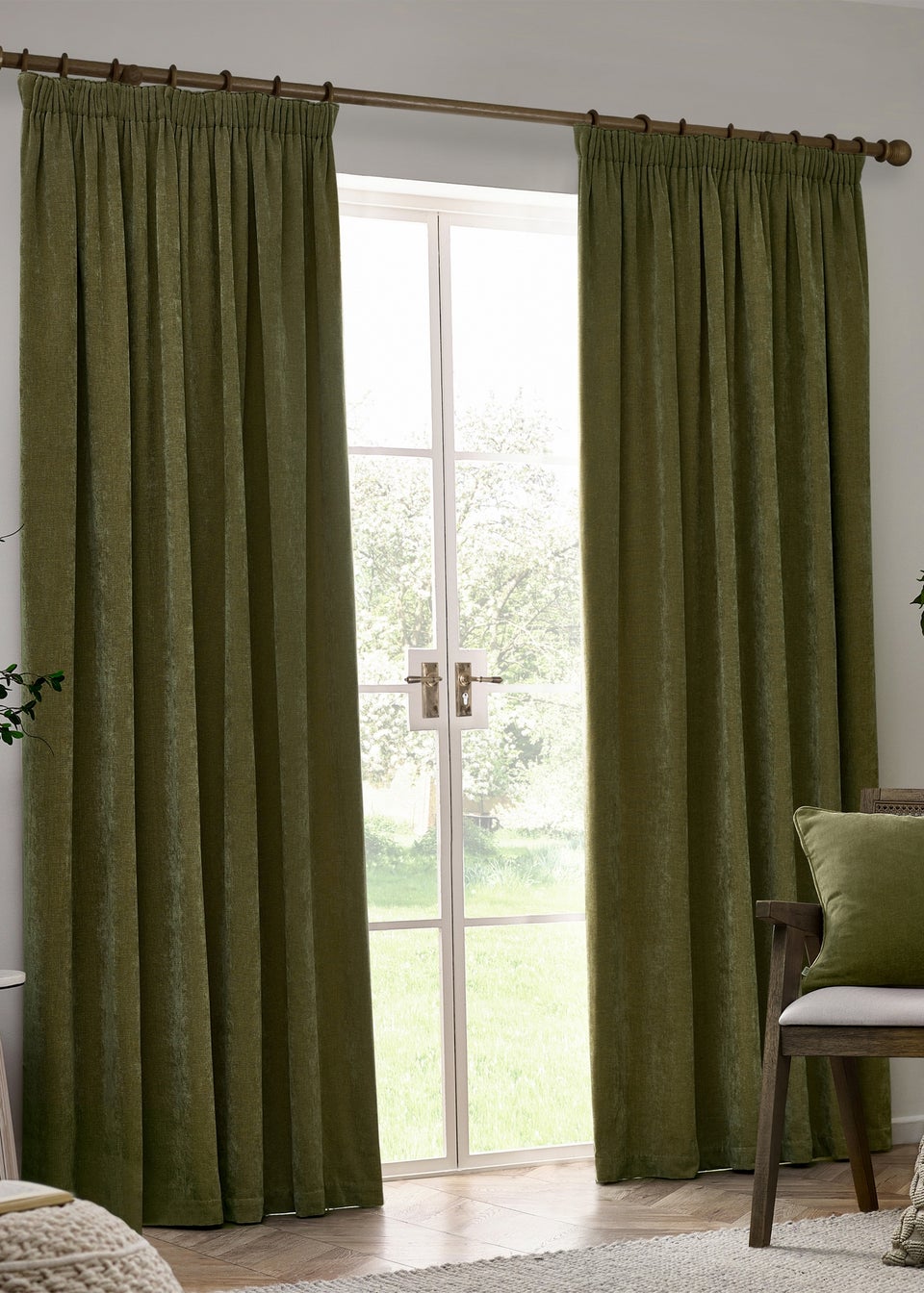 Yard Heavy Chenille Blackout Olive Pencil Pleat Curtain Pair