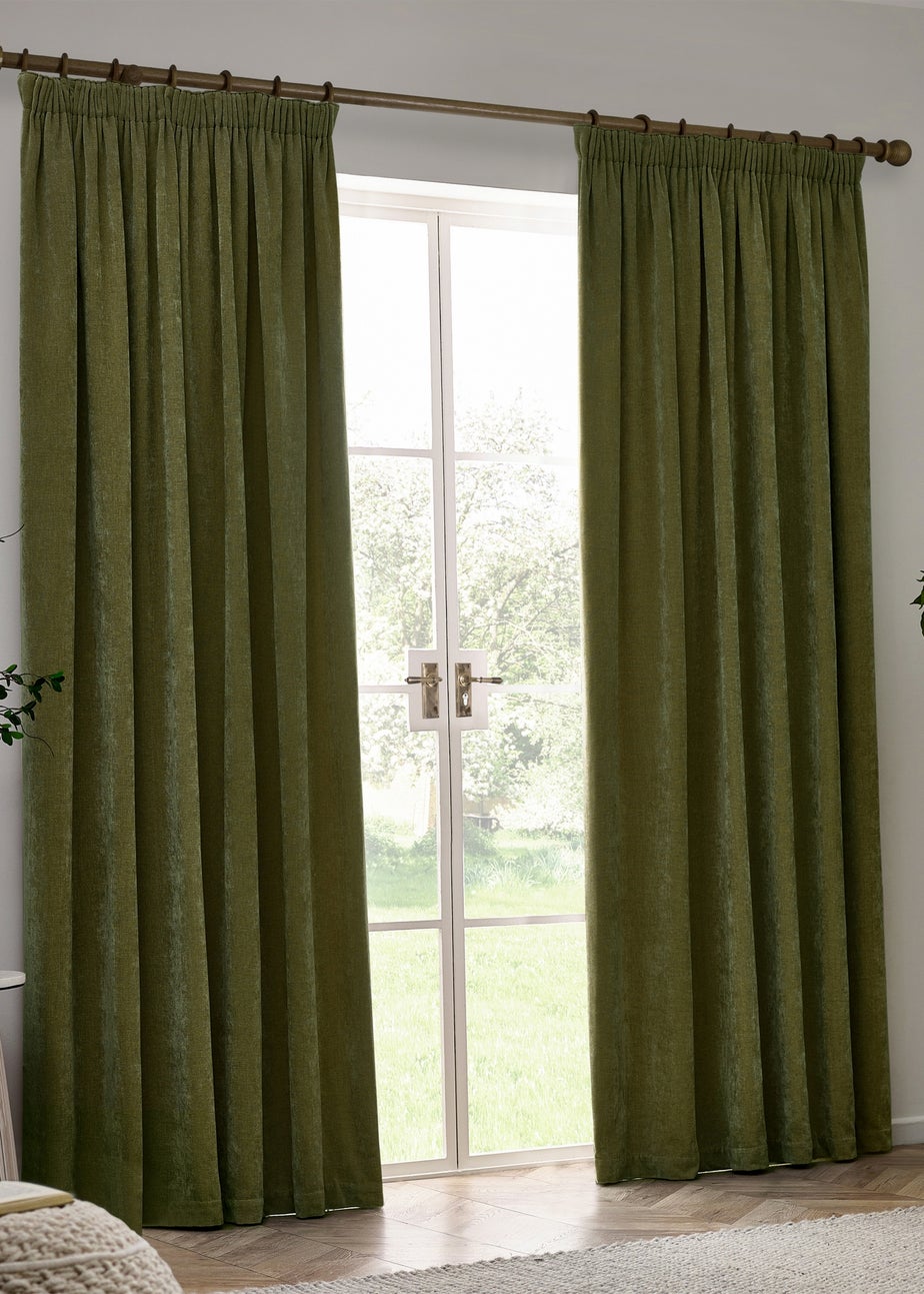 Yard Heavy Chenille Blackout Olive Pencil Pleat Curtain Pair