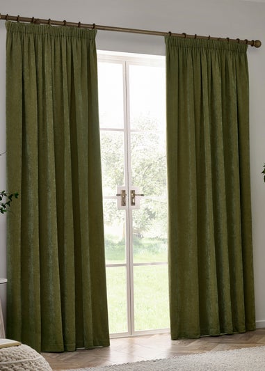 Yard Heavy Chenille Blackout Olive Pencil Pleat Curtain Pair