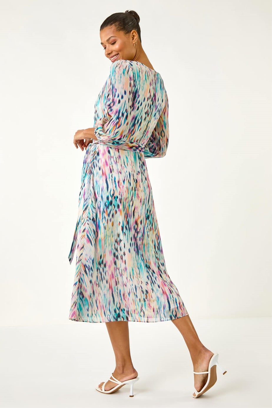 Roman White Blurred Print Pleat Neck Midi Dress