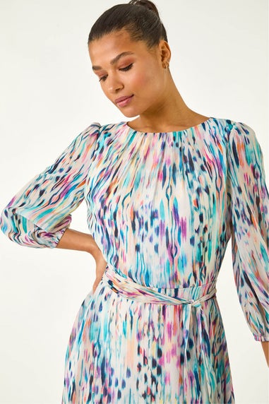 Roman White Blurred Print Pleat Neck Midi Dress