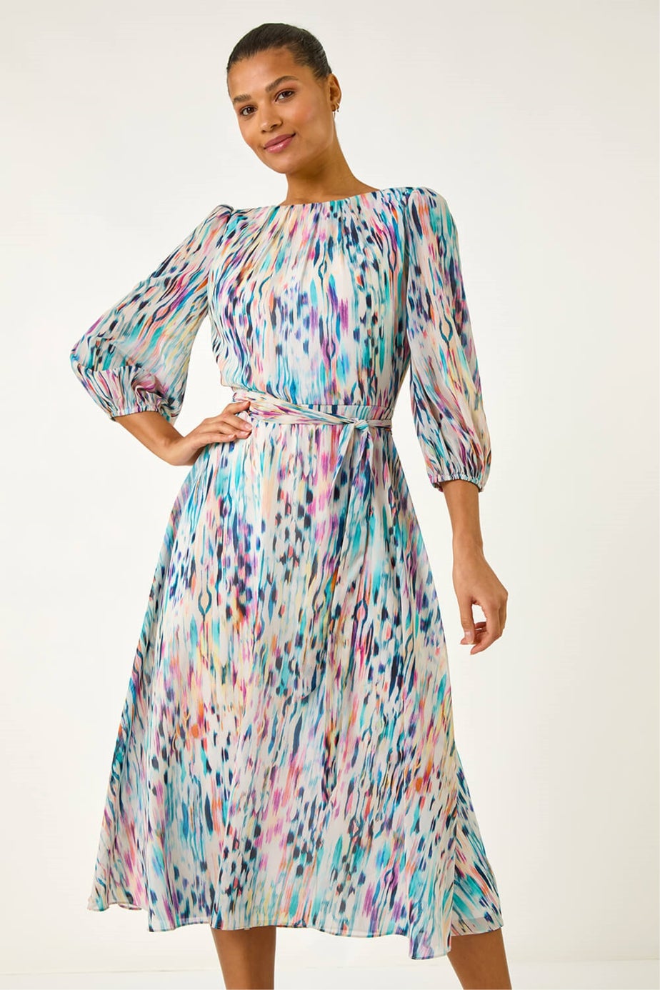 Roman White Blurred Print Pleat Neck Midi Dress