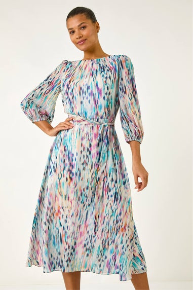 Roman White Blurred Print Pleat Neck Midi Dress