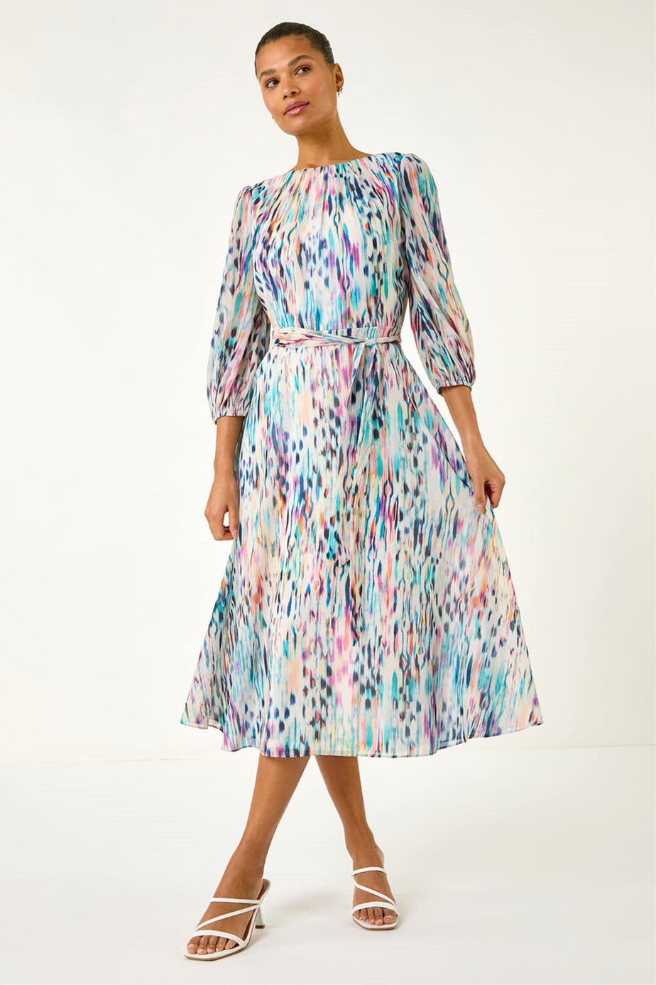 Roman White Blurred Print Pleat Neck Midi Dress
