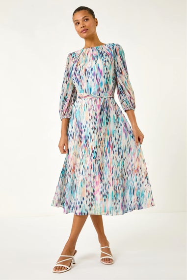 Roman White Blurred Print Pleat Neck Midi Dress