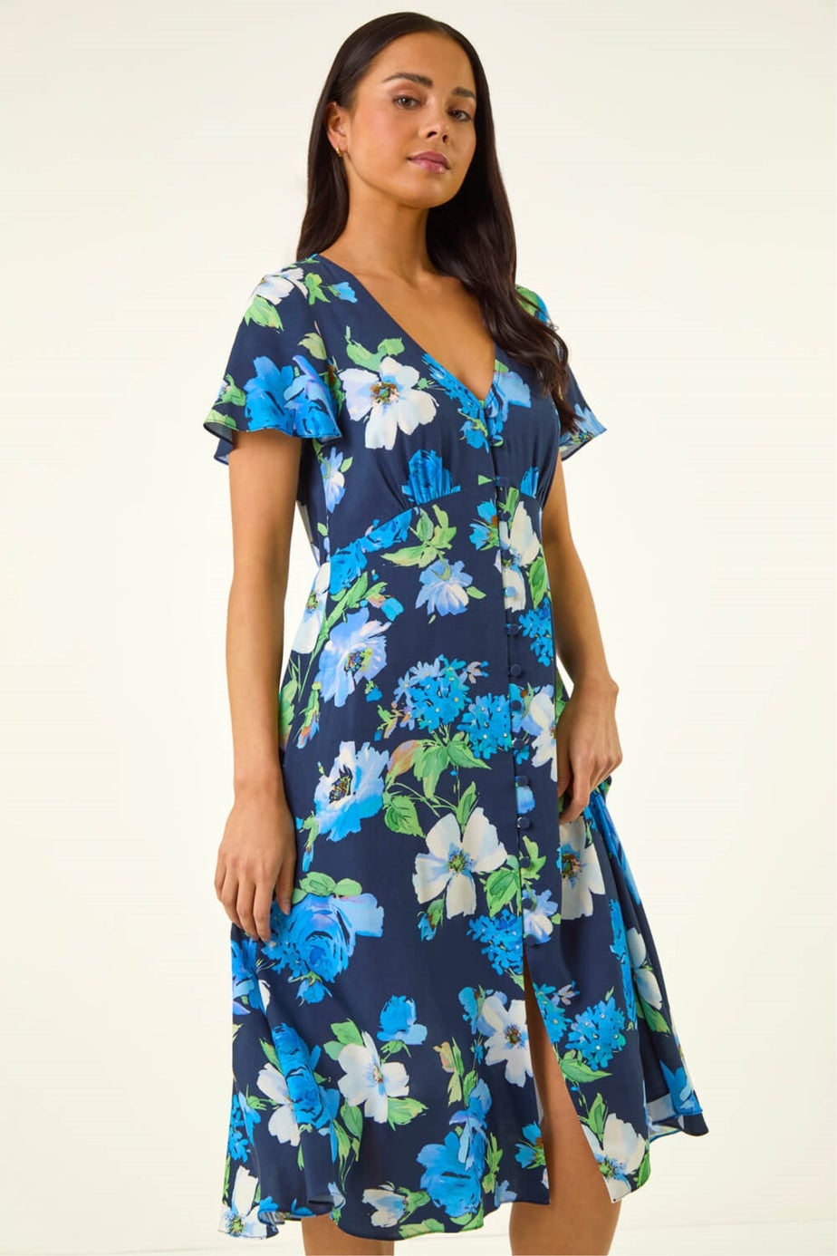 Roman Navy Petite Floral Print Button Dress