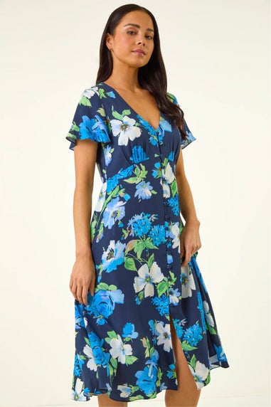 Roman Navy Petite Floral Print Button Dress