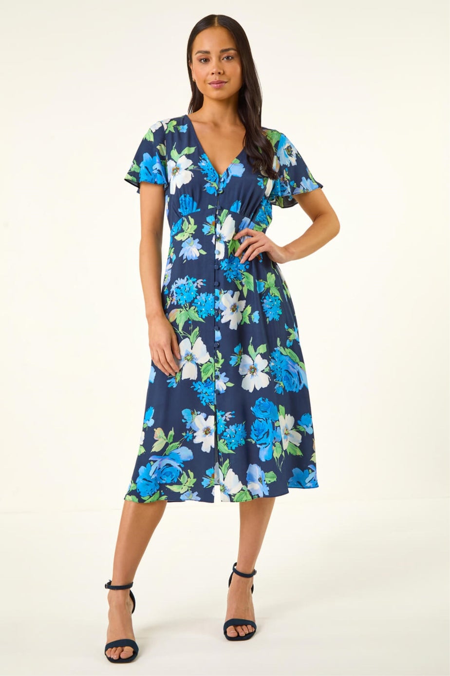 Roman Navy Petite Floral Print Button Dress