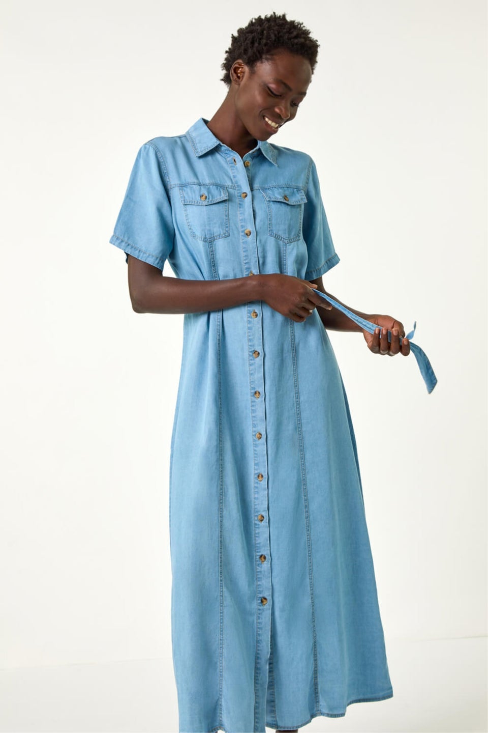 Roman Light Denim Button Through Midi Dress