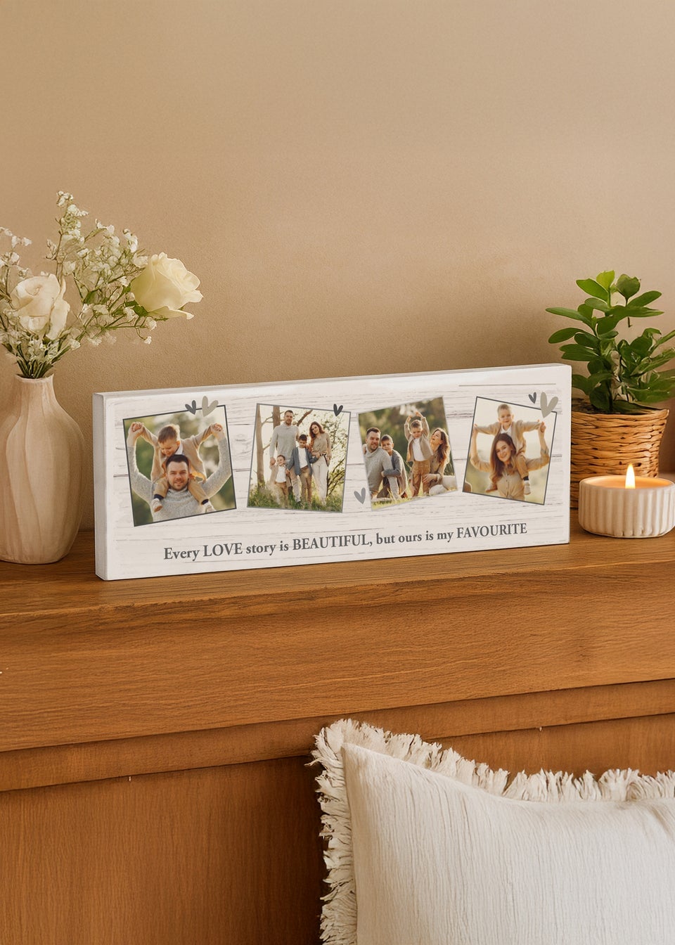 Personalised Memento Company Photo Upload Hearts Mantel Block White