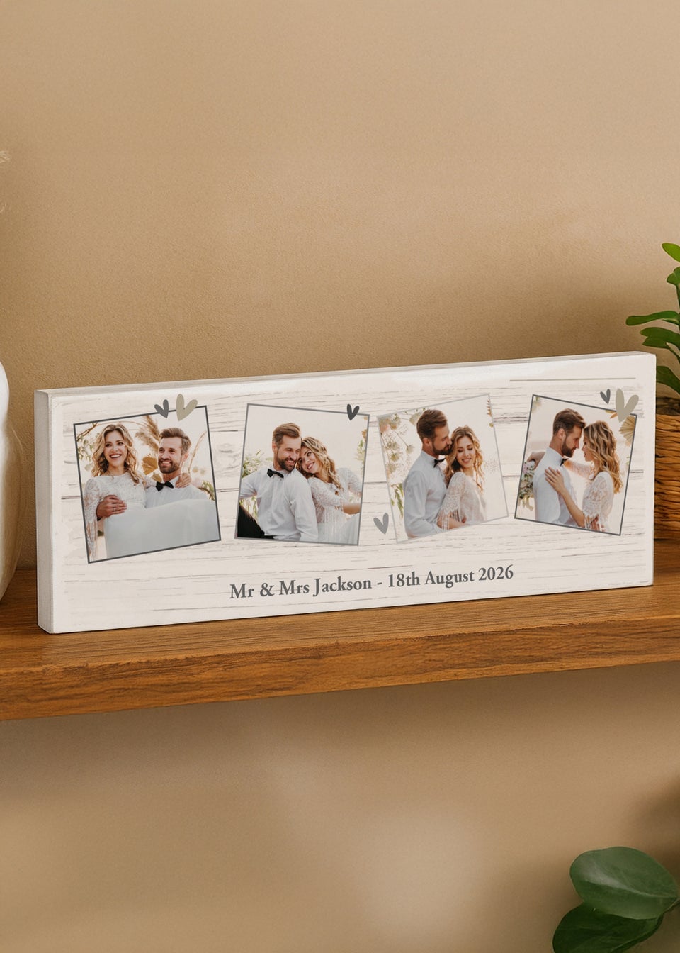 Personalised Memento Company Photo Upload Hearts Mantel Block White