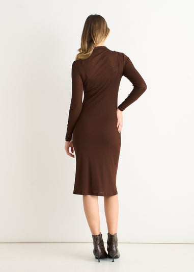 Gini London Chocolate Ruched Jersey Long Sleeves Midi Dress