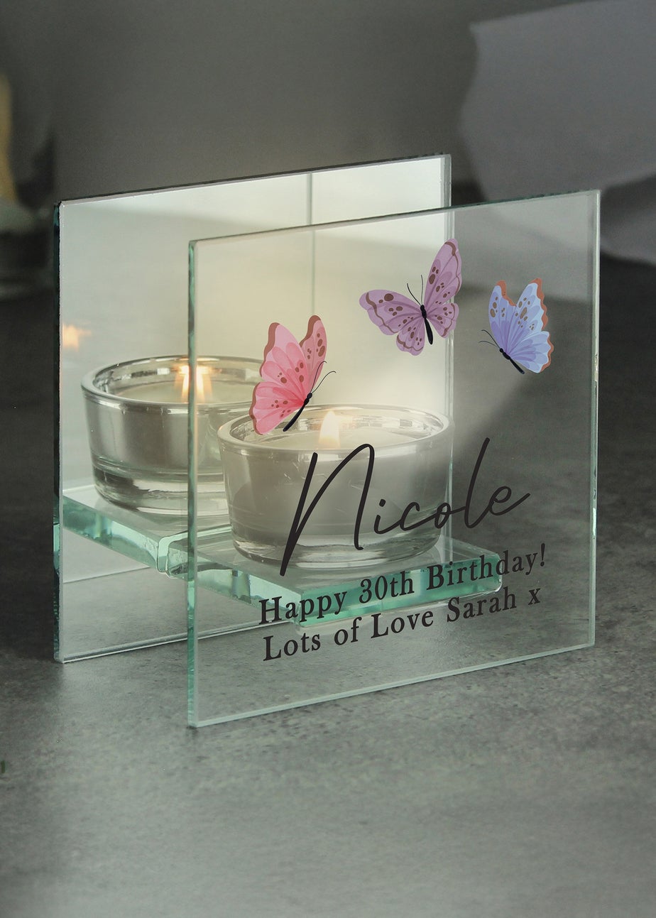 Personalised Memento Company Butterfly Mirrored Tealight Holder Floral