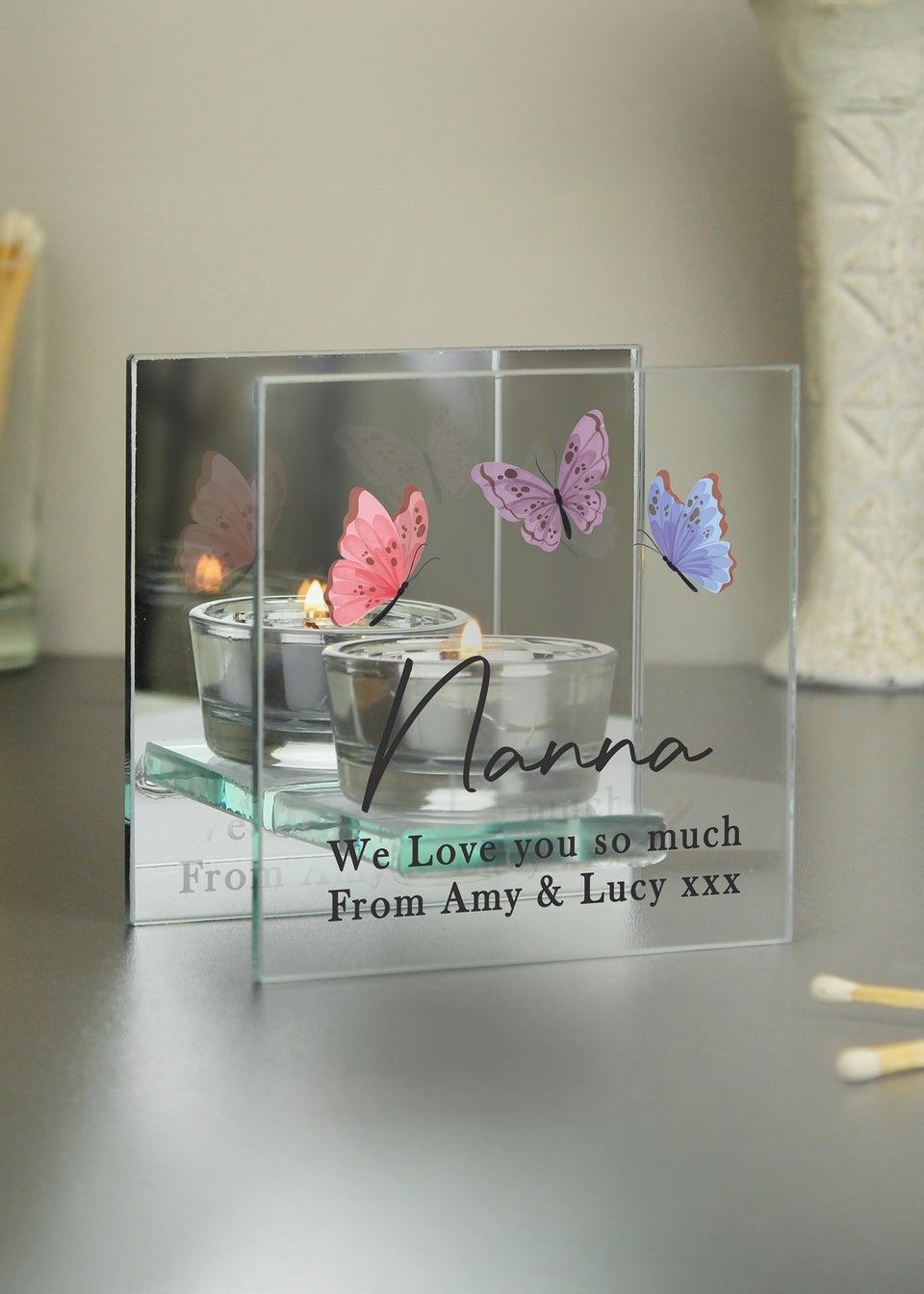Personalised Memento Company Butterfly Mirrored Tealight Holder Floral