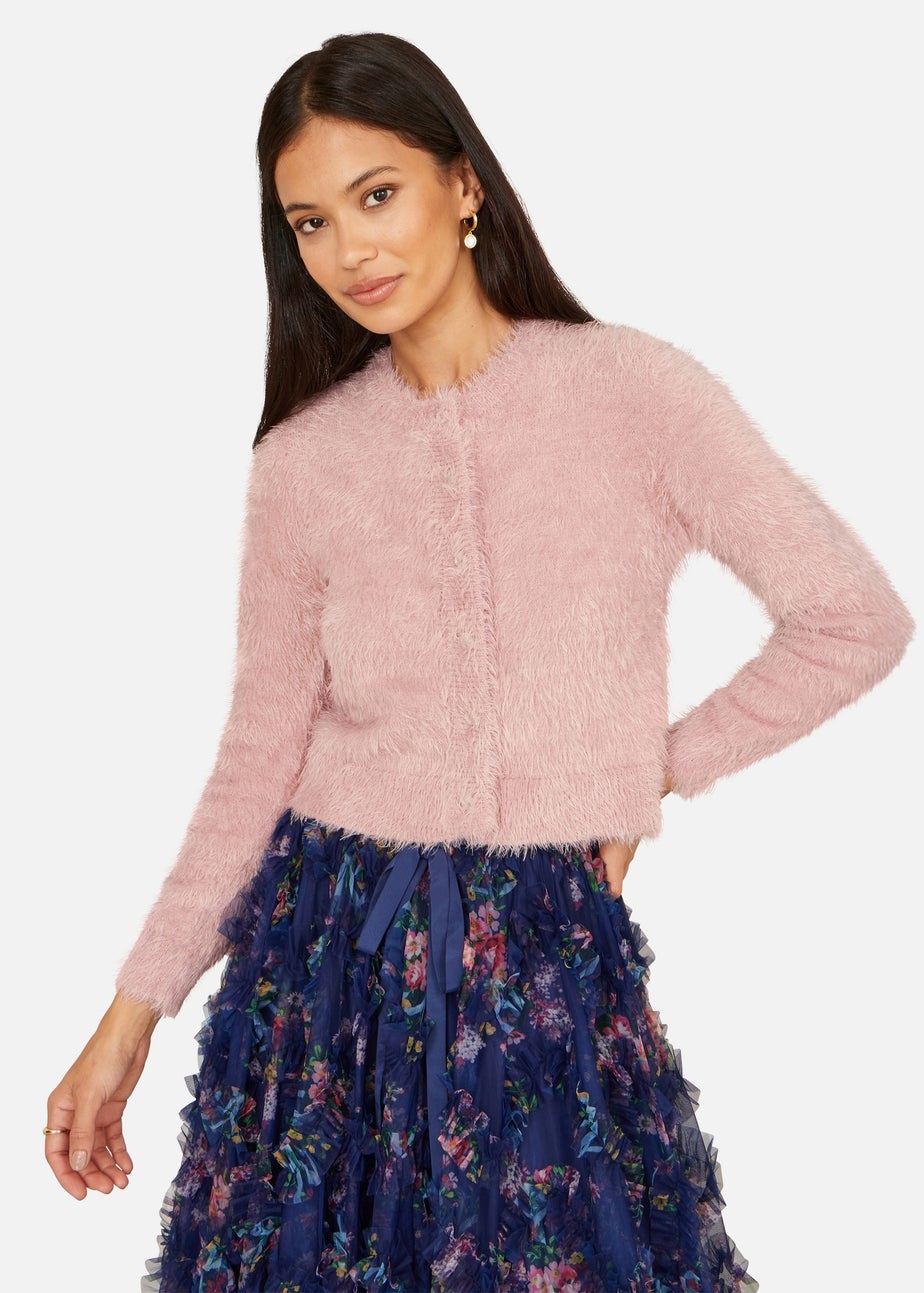Yumi Pink Eyelash Knit Cropped Cardigan