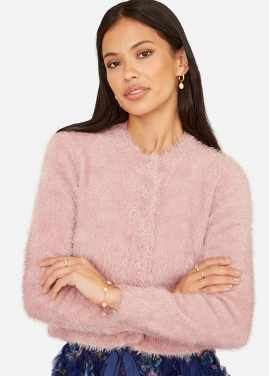Yumi Pink Eyelash Knit Cropped Cardigan