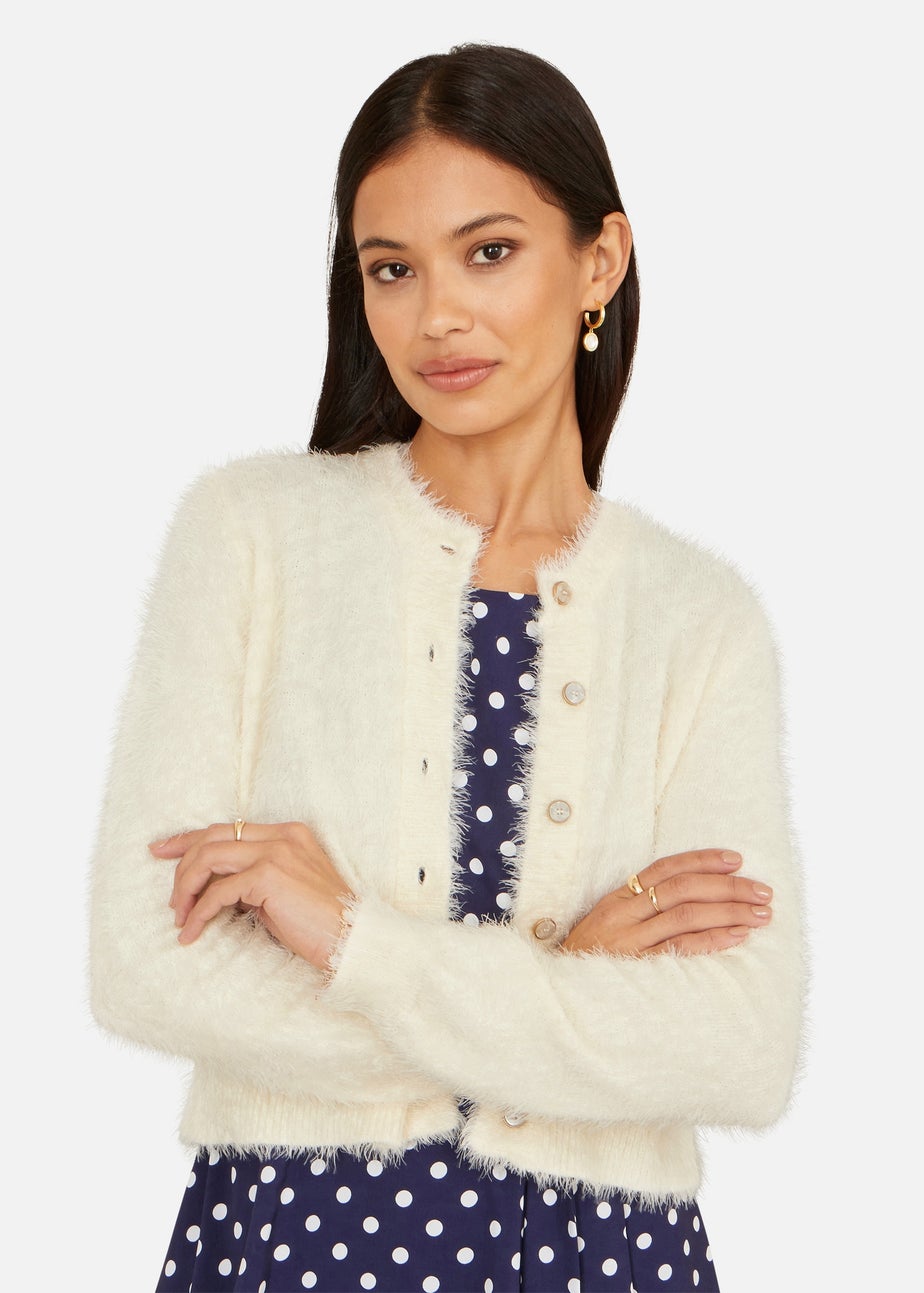 Yumi Ivory Eyelash Knit Cropped Cardigan