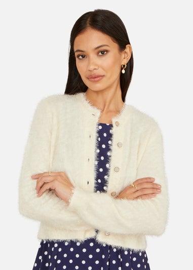 Yumi Ivory Eyelash Knit Cropped Cardigan