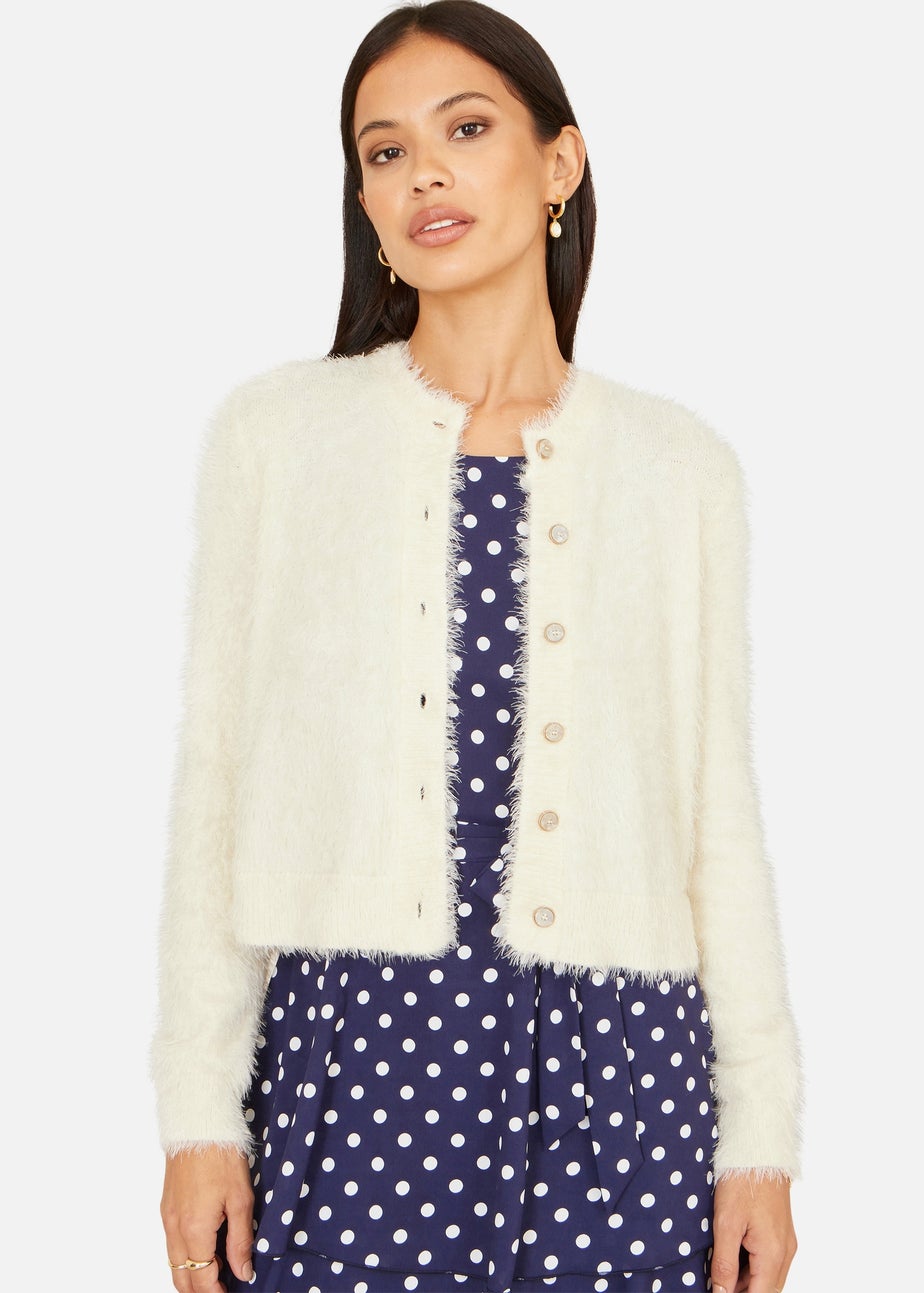 Yumi Ivory Eyelash Knit Cropped Cardigan