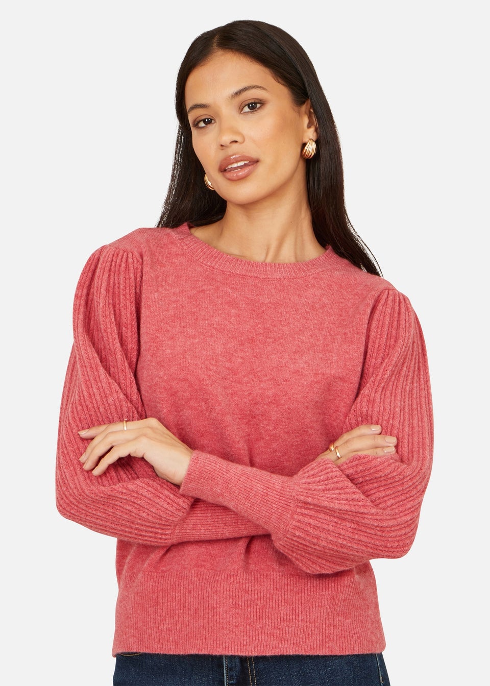 Yumi Pink Knitted Balloon Sleeve Jumper